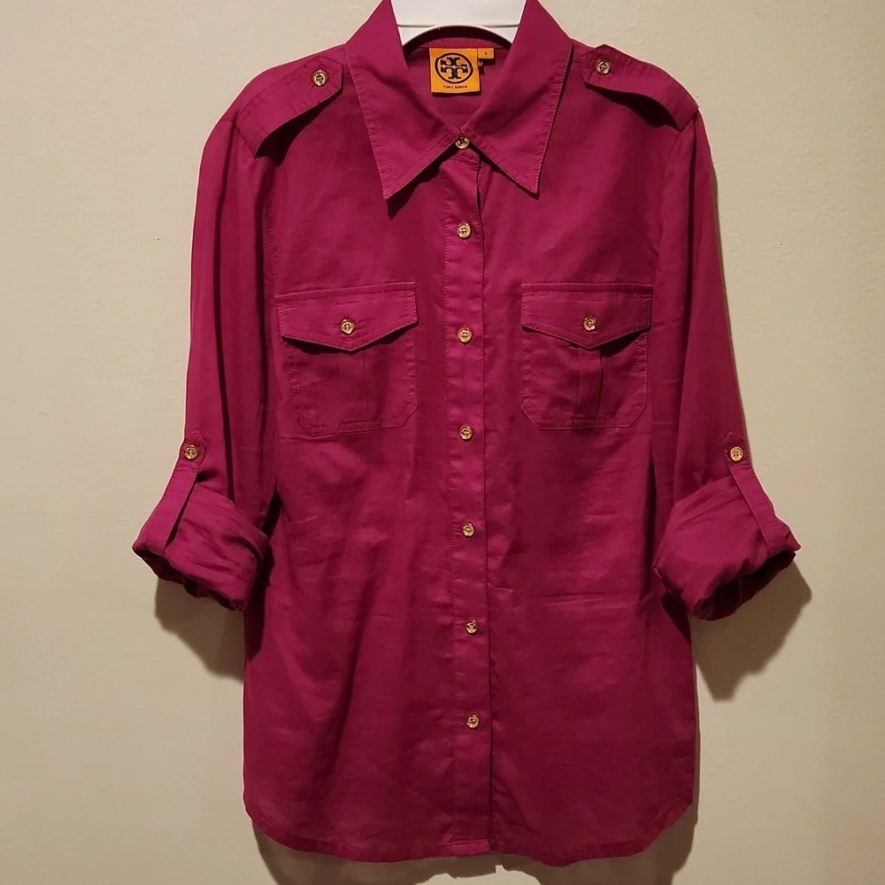 ❤️ TORY BURCH BRIGETTE FITTED BUTTON DOWN COTTON SHIRT / TOP IN MAGENTA, 6 - Picture 2 of 13
